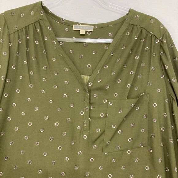 Pleione size XL Green Polka Dot V Neck Long Sleeve Popover Blouse Office - Picture 4 of 11